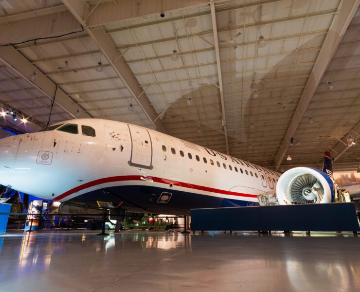 a large airplane in a hangar