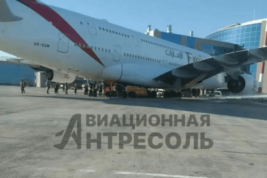 a large white airplane with red stripes