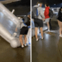 a collage of people pushing a inflatable object