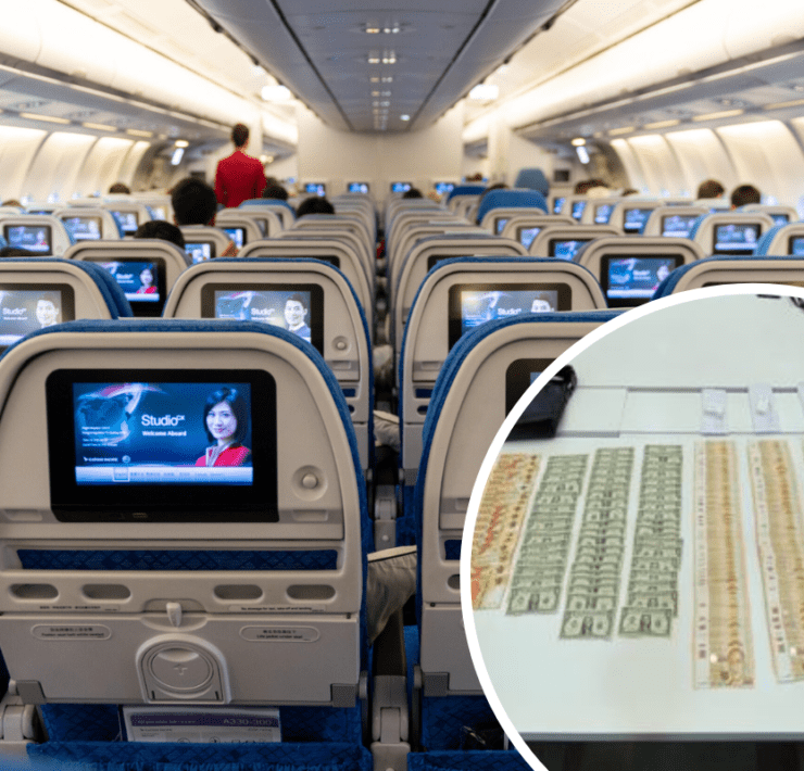 a plane with a screen and a table with money