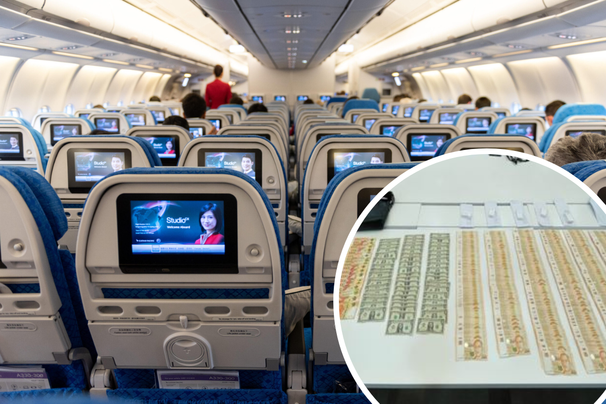 a plane with a screen and a table with money
