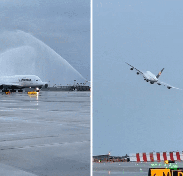 a jet plane spraying water on runway
