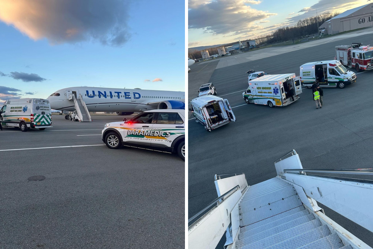 a plane and ambulances on the runway