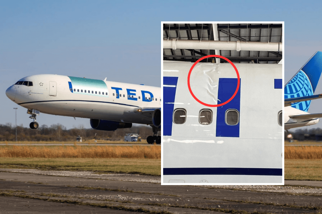 A United Airlines Boeing 767 with a close-up of damage caused by a hard landing