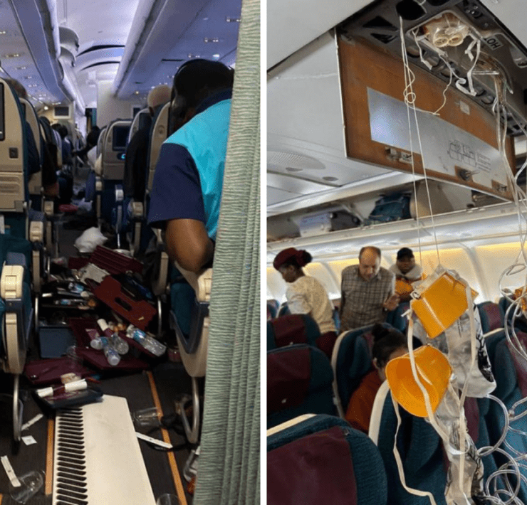 a collage of a plane with people in the back