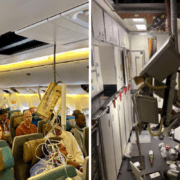 a collage of a plane with a medical device attached to the ceiling