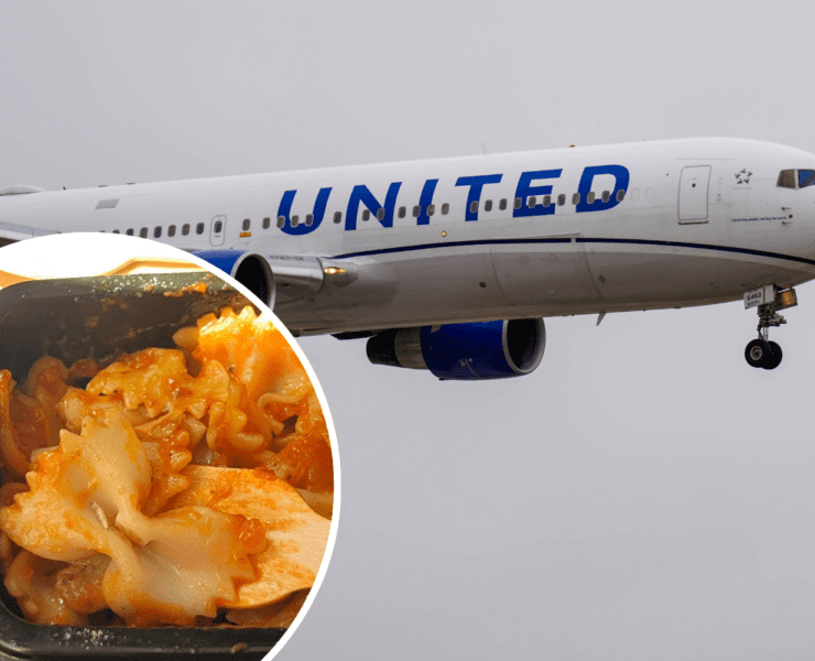 a plane with pasta in the air