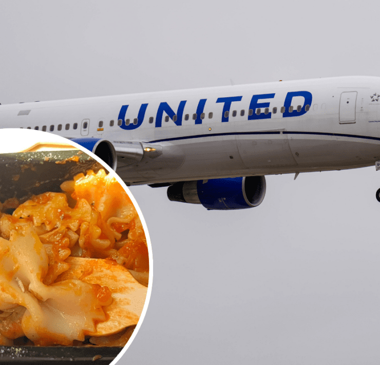 a plane with pasta in the air