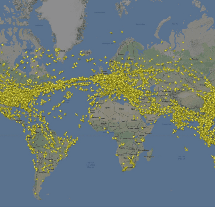 a map of the world with yellow planes