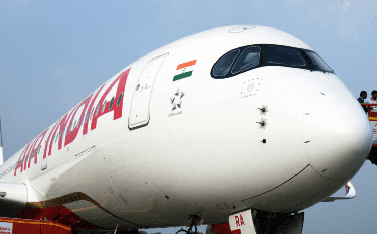 An Air India Airbus A350 parked at a hard stand - the airline is using Vienna Airport in Austria to refuel because of extended flight times after Pakistan closed its airspace