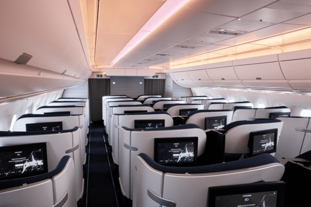 A interior of a Finnair long-haul aircraft featuring the airline's much-lauded Airspace Business Class cabin