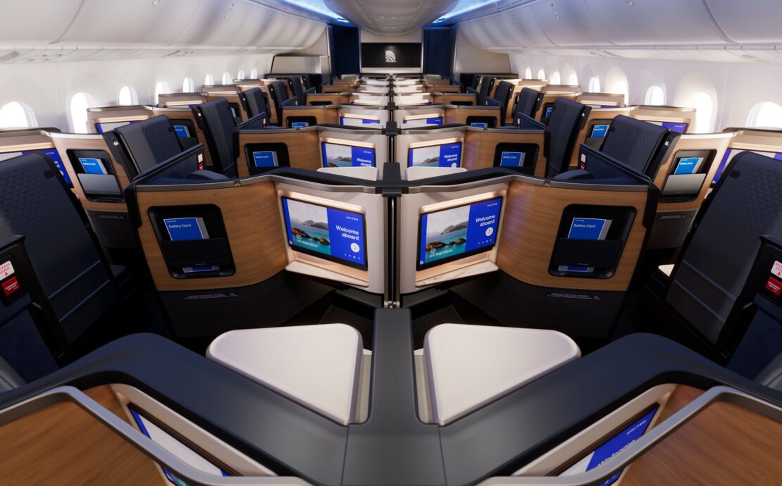 A CGI image of the inside of United's new Polaris cabin on Boeing 787-9 Dreamliners