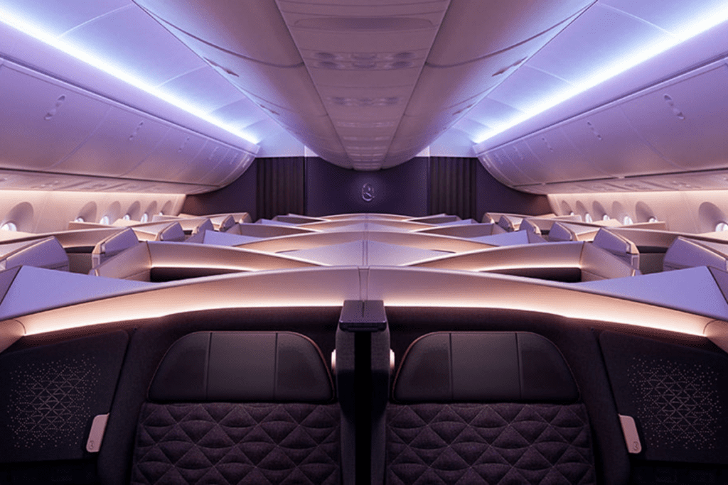 The Business Class cabin of a Riyadh Air Boeing 787 Dreamliner