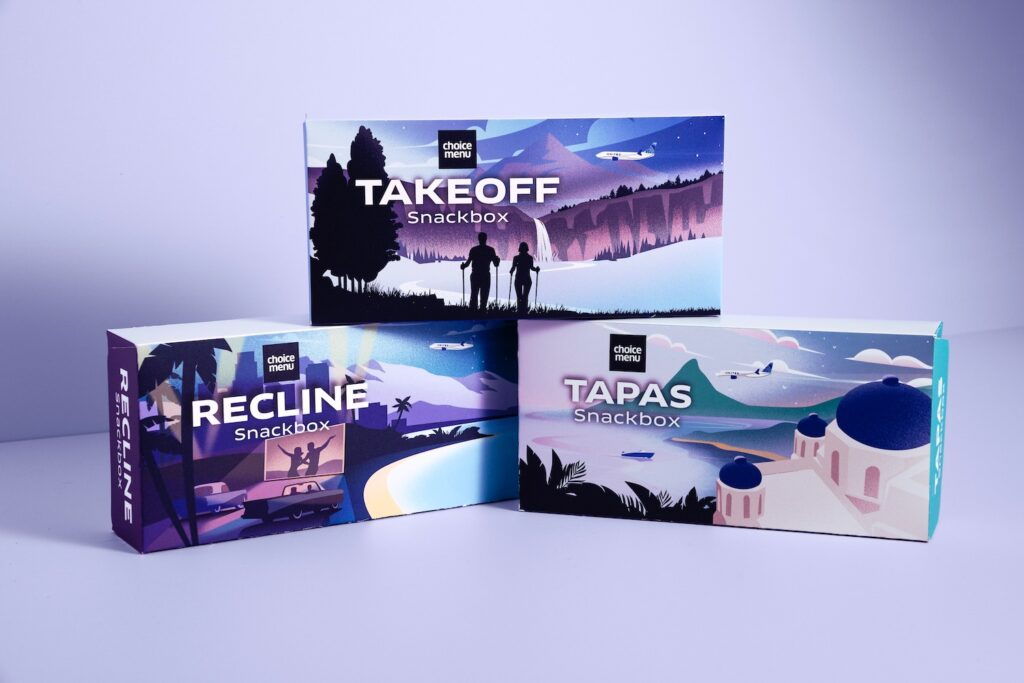 a group of United Airlines snack boxes