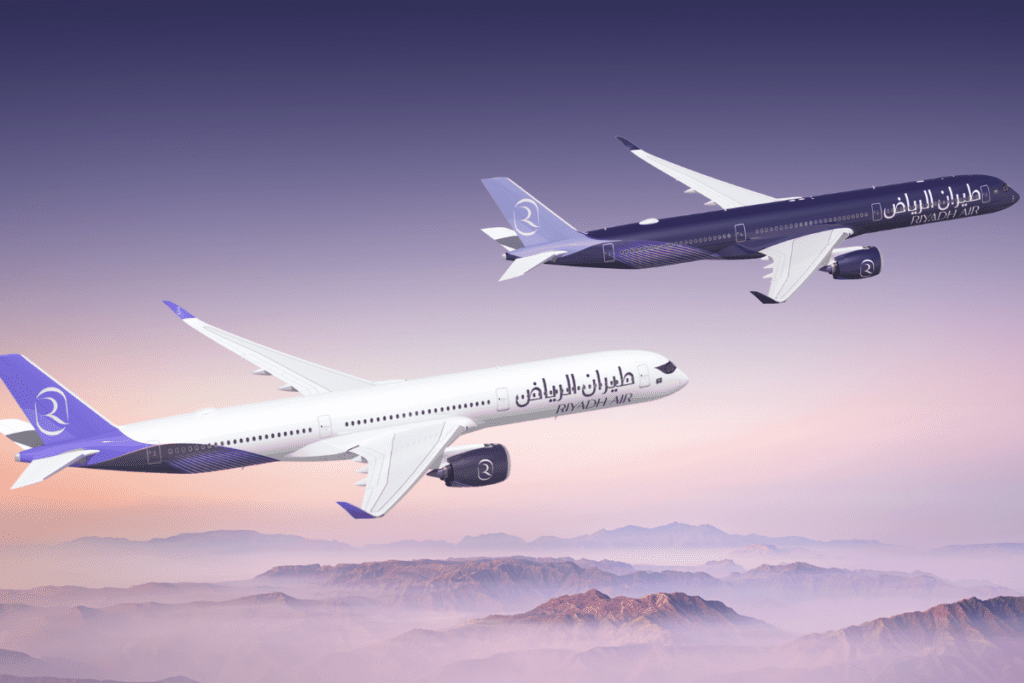a mockup of the Riyadh Air livery on two Airbus A350-1000 aircraft.