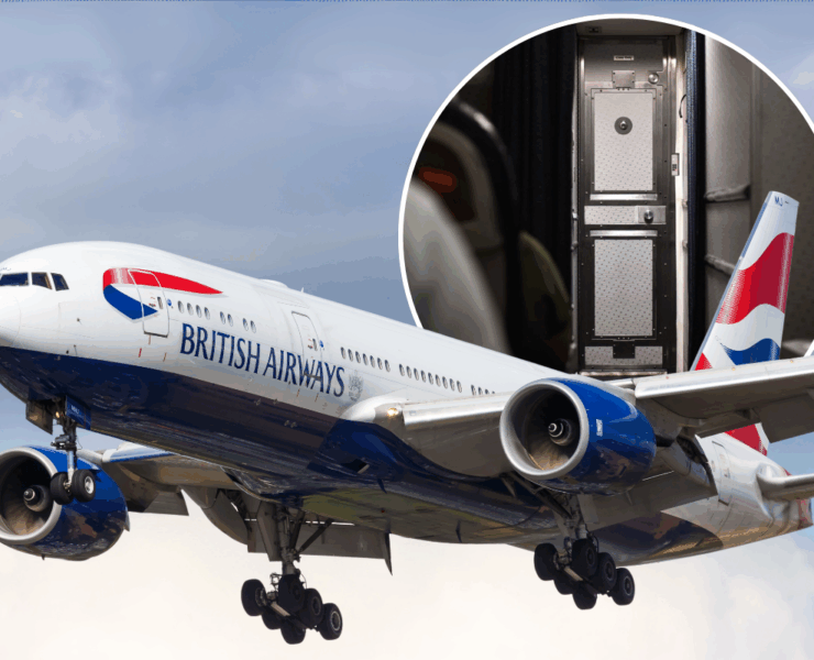 a british airways boeing 777 flying in the sky with a overlay of a cockpit door from the cabin