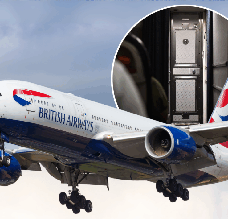 a british airways boeing 777 flying in the sky with a overlay of a cockpit door from the cabin