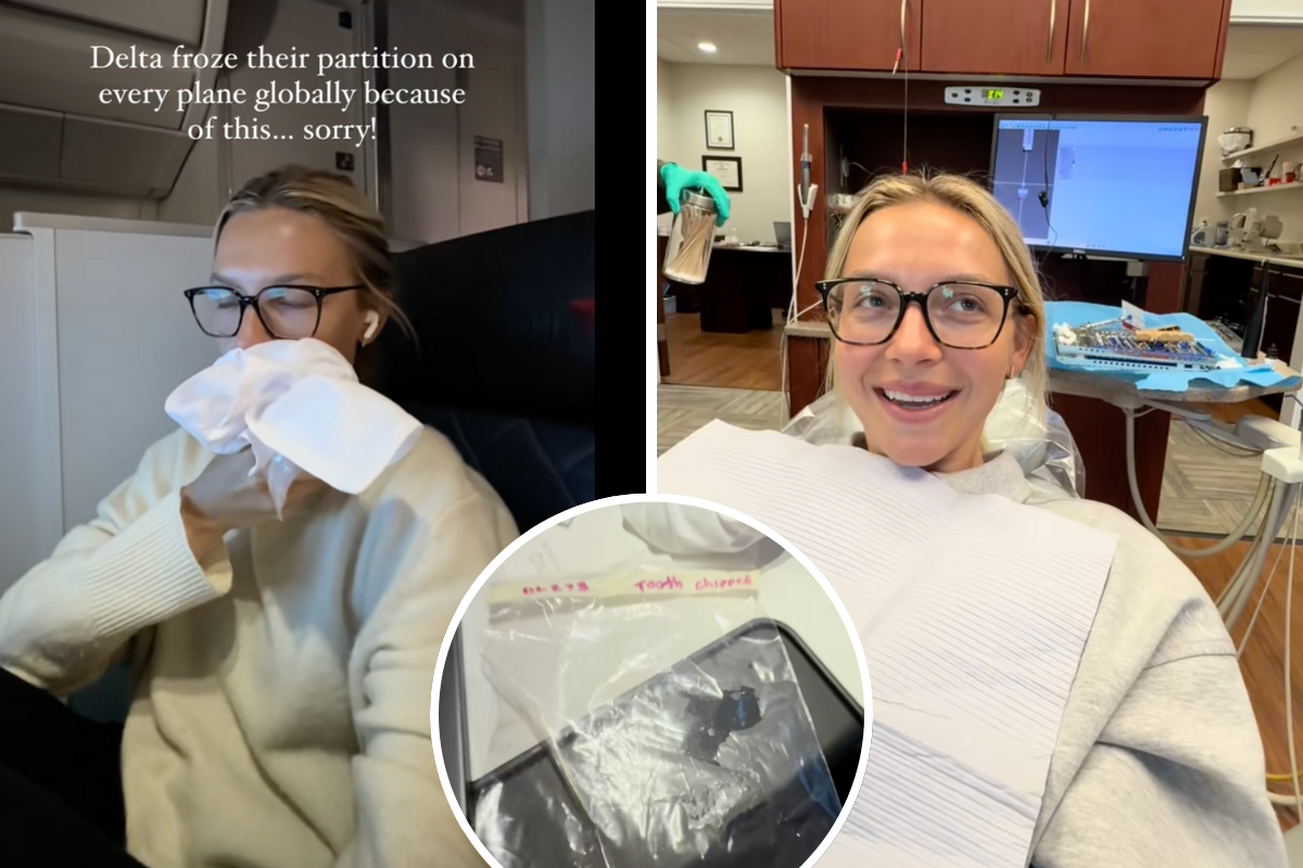 savannah gowarty show in two stills from TikTok... One in a Delta One Suite holding a napkin to her mouth, the other of her smiling in a dentist's chair. A third photo shows a see-through bag with part of her chipped tooth inside.