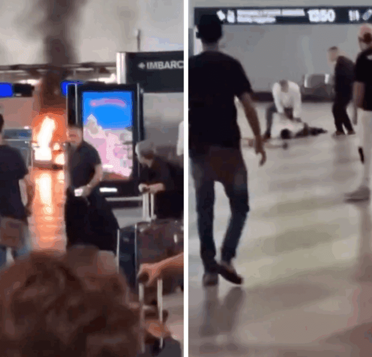a group of people in an airport