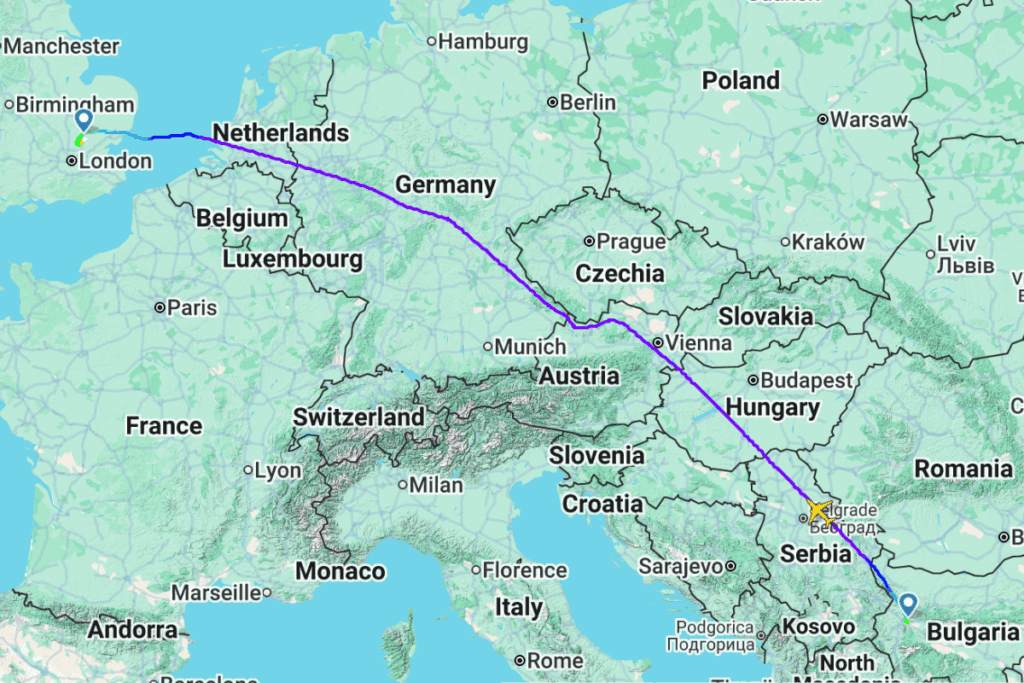 a map of europe with a purple line