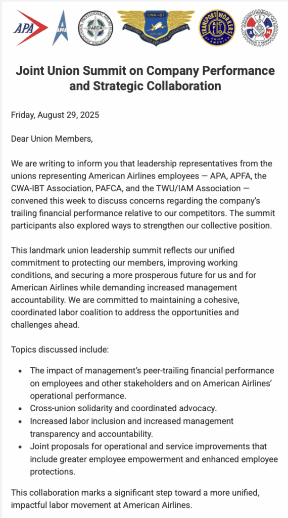 a screenshot of a joint press release from six unions at american airlines