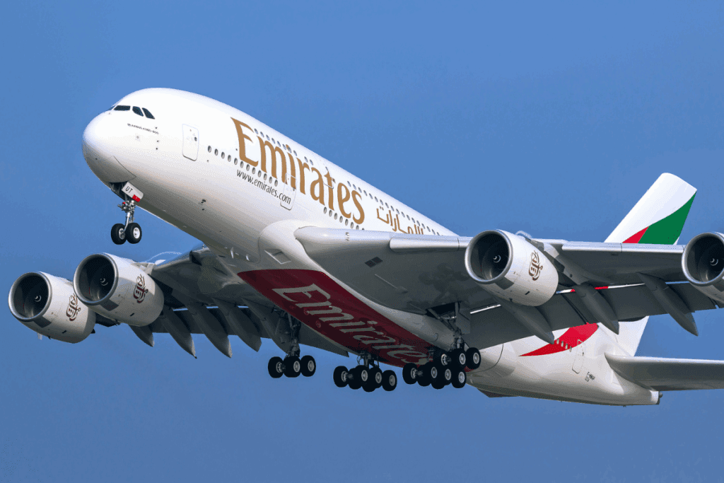 emirates a380 flying in the sky