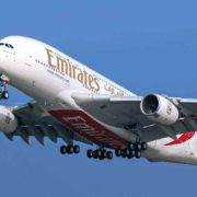 emirates a380 flying in the sky