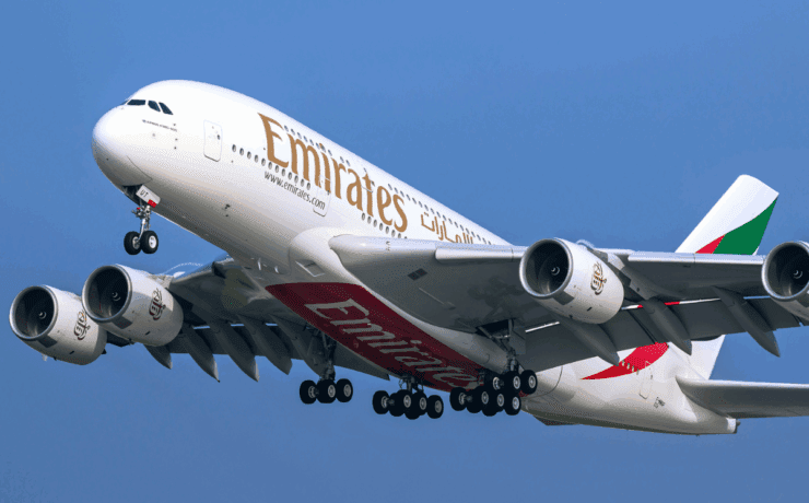 emirates a380 flying in the sky