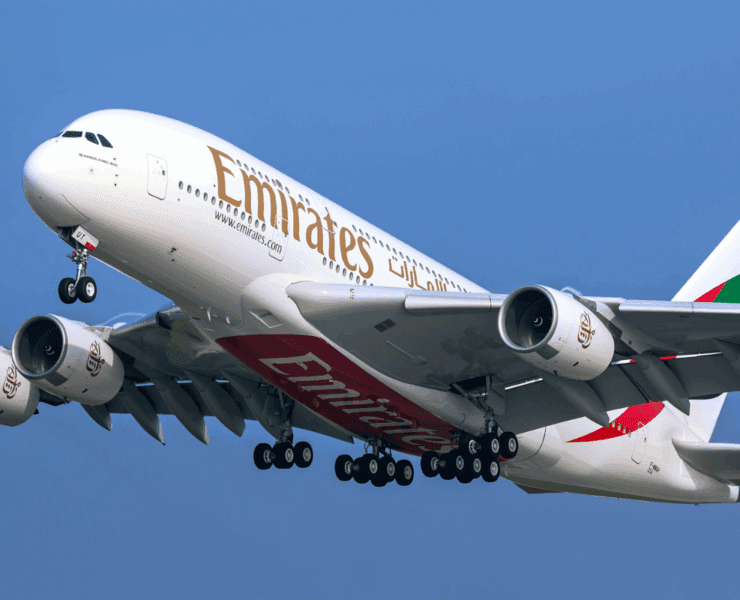 emirates a380 flying in the sky