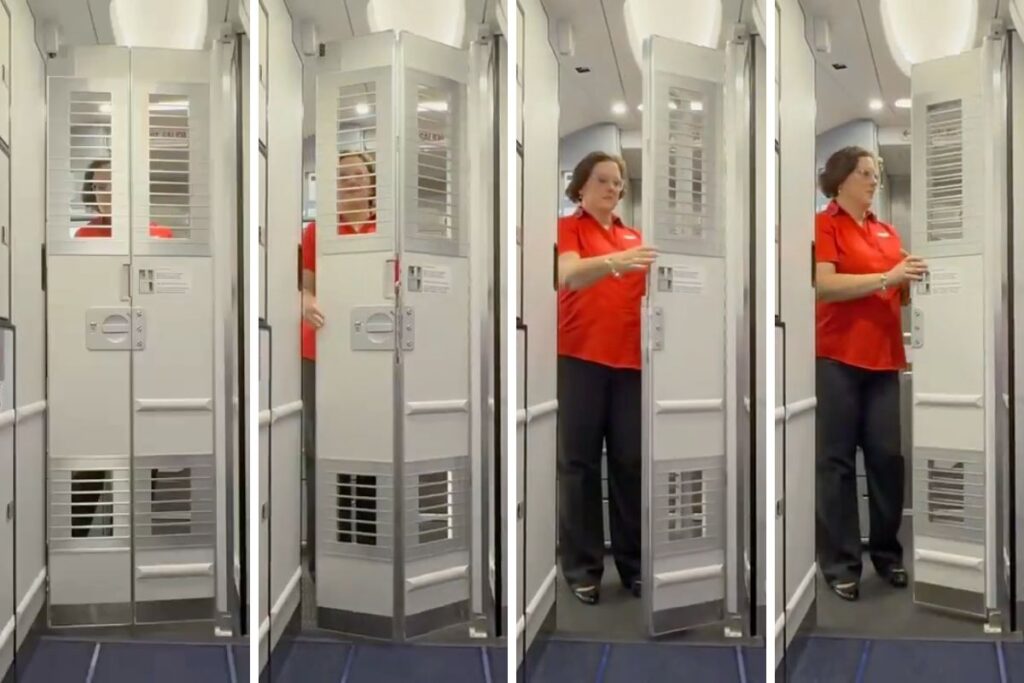a southwest airlines flight attendant demonstrates how to open an IPSB
