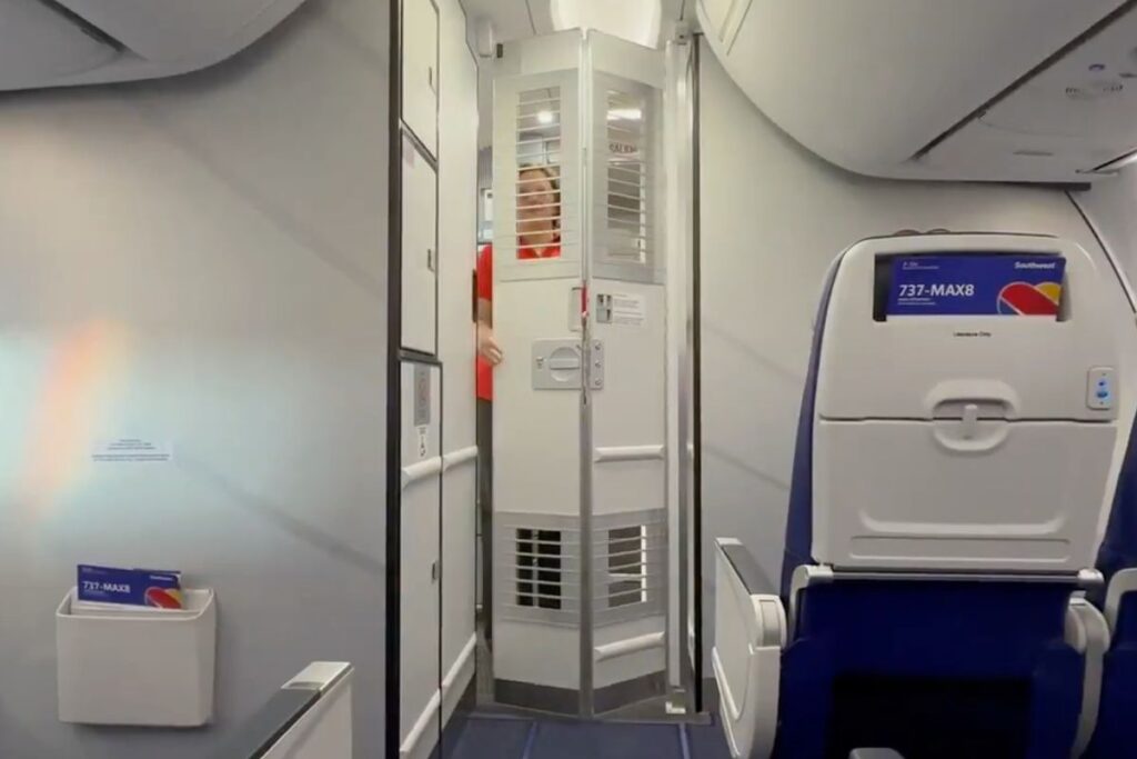 a southwest airlines flight attendants standing behind a partially open secondary cockpit door on a boeing 737max