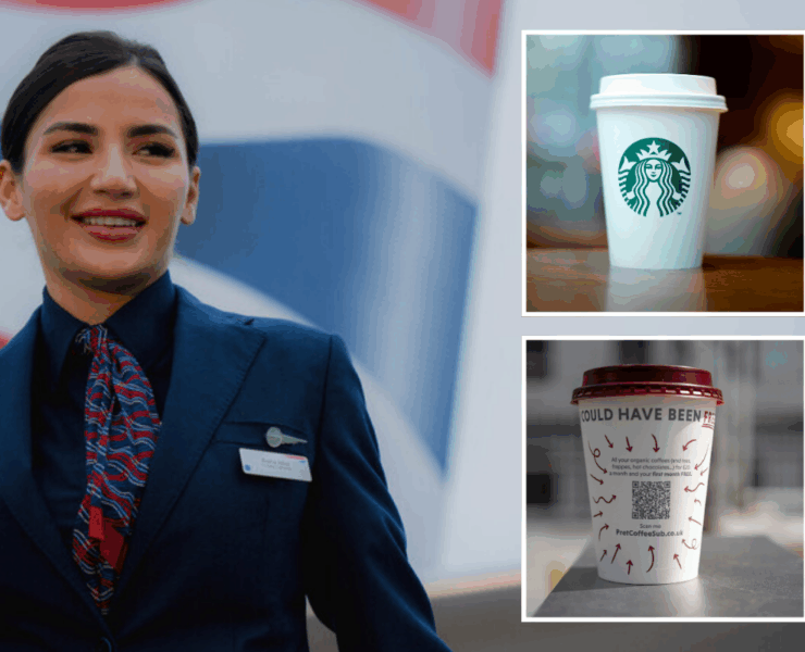 a collage of a british airways flight attendant next to two coffee cups