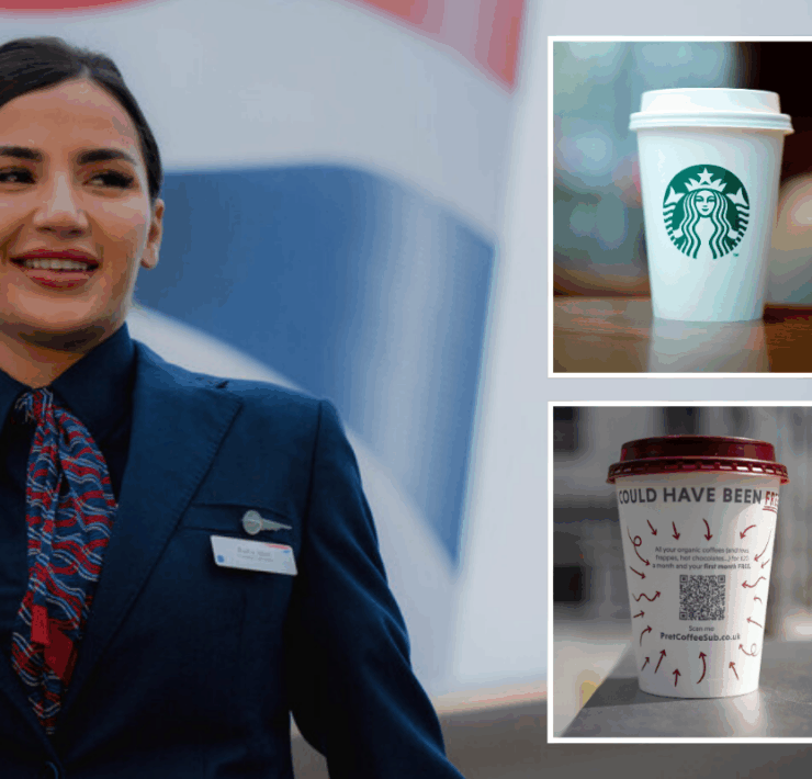 a collage of a british airways flight attendant next to two coffee cups