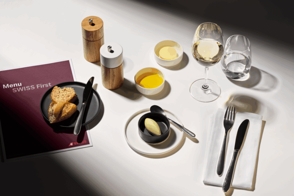 a table with food and glasses