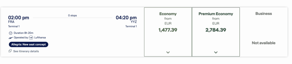 screenshot of lufthansa flight booking page that shows Allegris Business class unavailable to book on flights between frankfurt and toronto