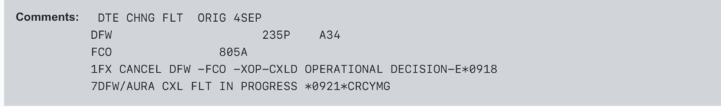 a screenshot of the reason american airlines gave for a flight cancellation