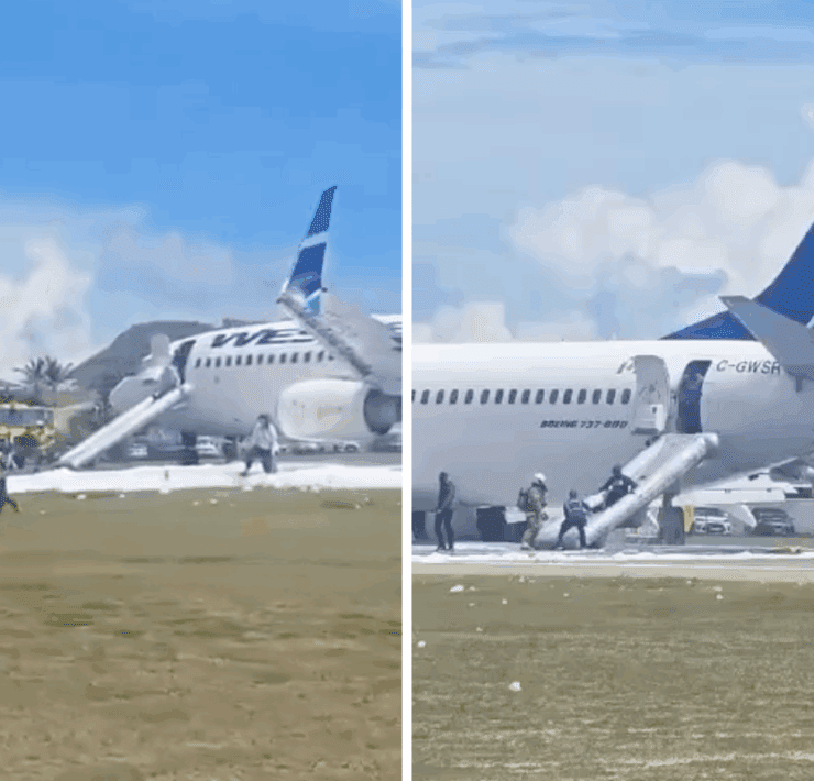 collage of two photos showing evacuation of westjet flight WS-2276 at Princess Juliana International Airport on Sunday, September 7, 2025