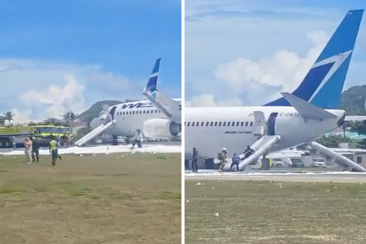 collage of two photos showing evacuation of westjet flight WS-2276 at Princess Juliana International Airport on Sunday, September 7, 2025