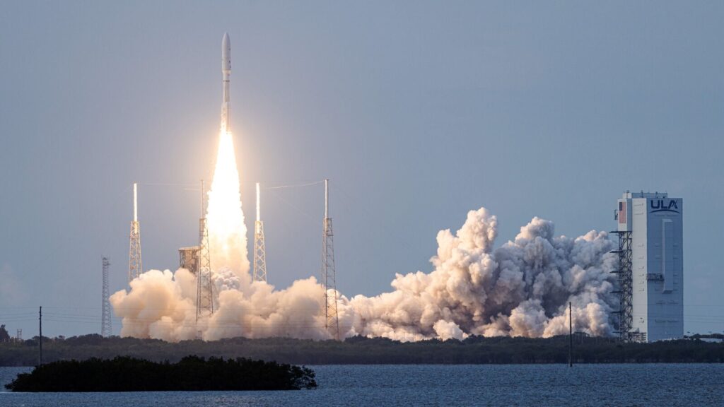 a rocket launching into space with Amazon Project Kuiper satellites