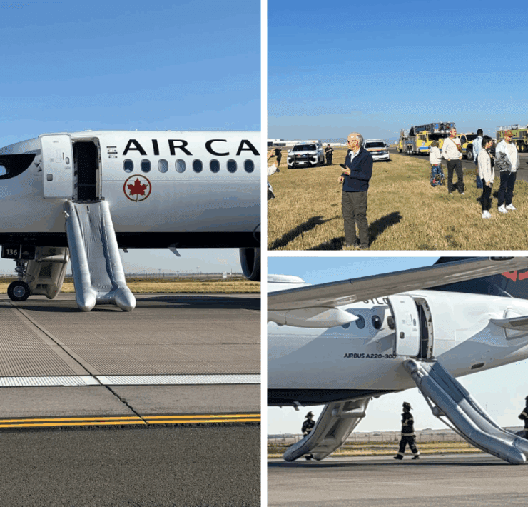 A collage of photos showing the emergency slides of an Air Canada Airbus A220 deployed after an emergency landing at Denver International Airport