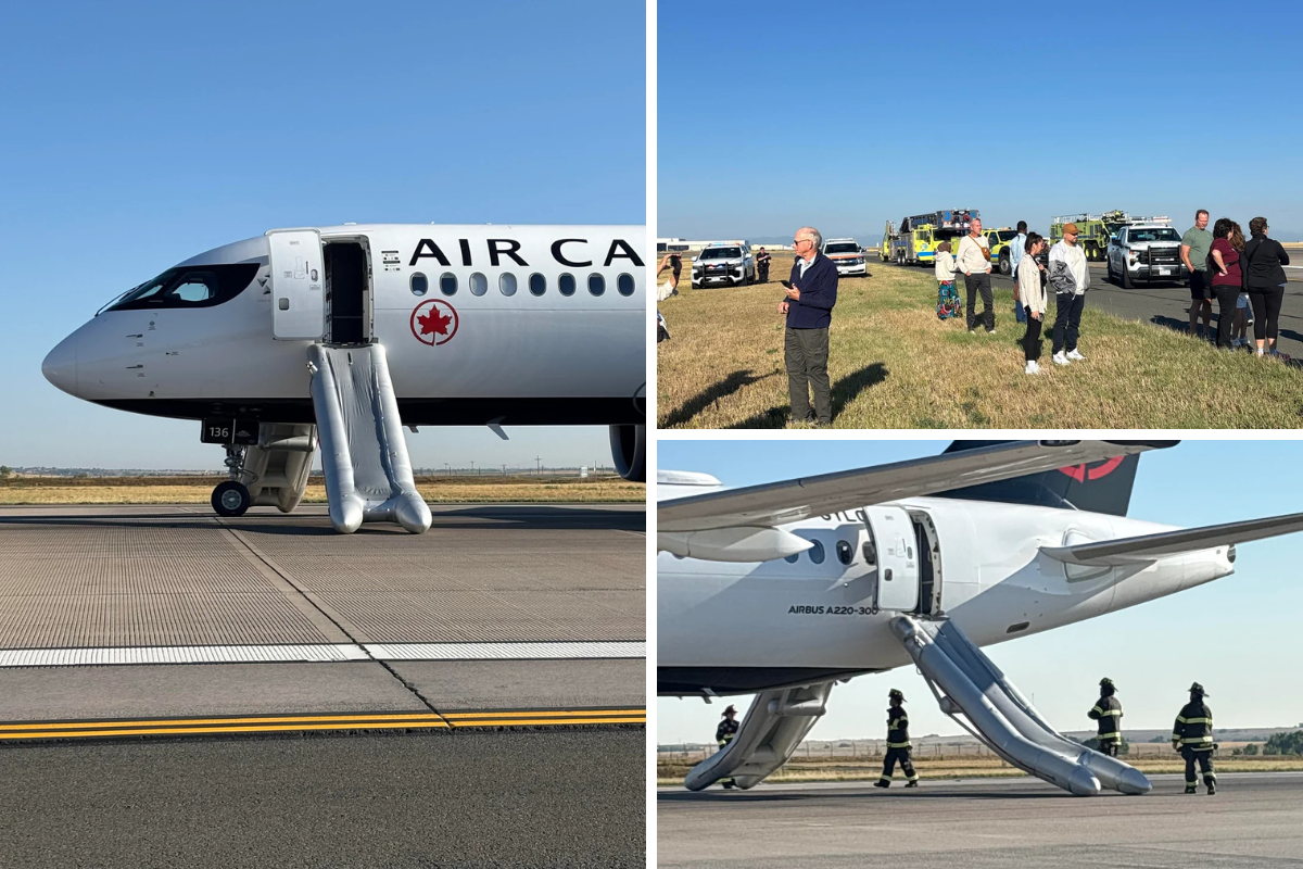 A collage of photos showing the emergency slides of an Air Canada Airbus A220 deployed after an emergency landing at Denver International Airport