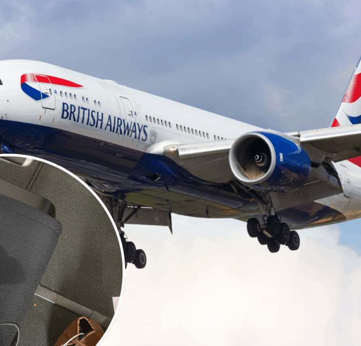 A collage of a British airways Boeing 777 alongside a photo of a Premium Economy seat.