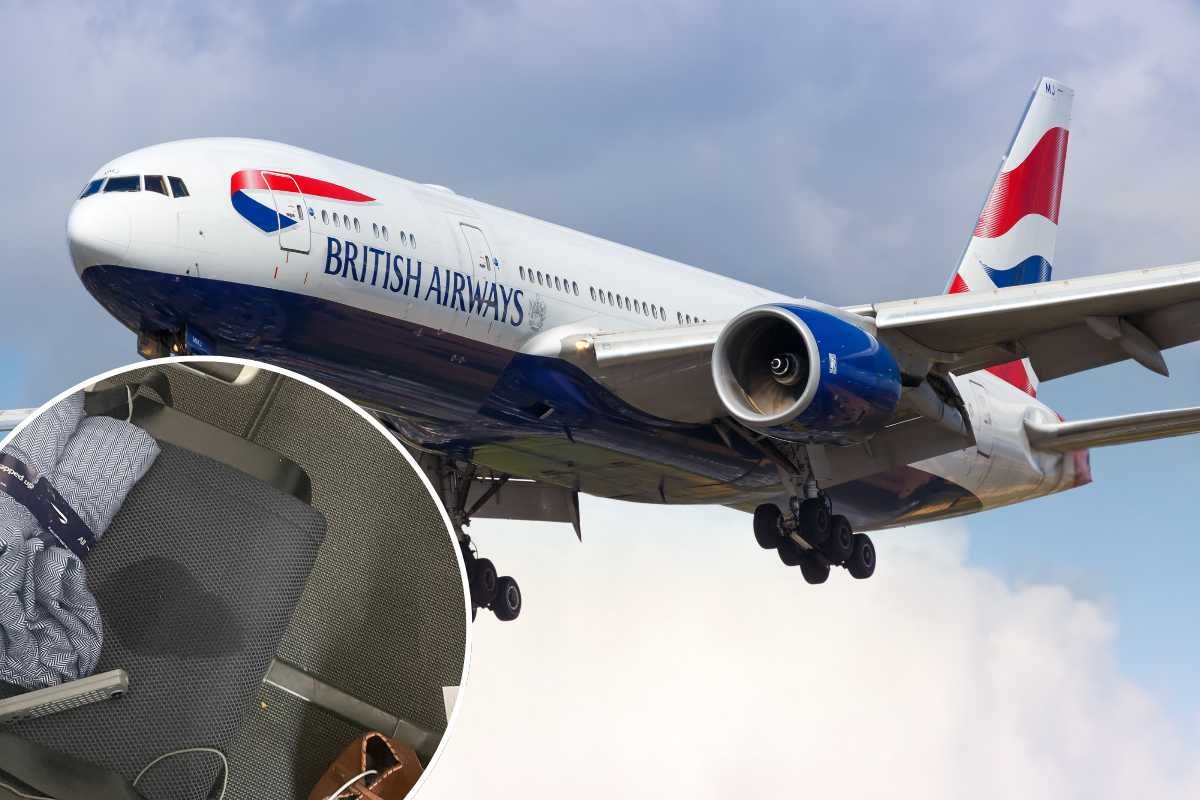 A collage of a British airways Boeing 777 alongside a photo of a Premium Economy seat.