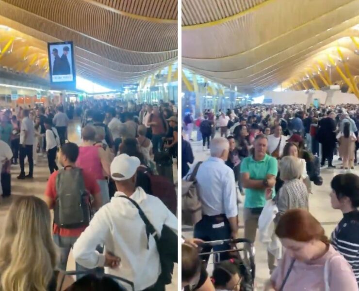 side by side photos of passengers stuck in long queues at madrid barajas airport after security officers went on strike on September 14, 2025