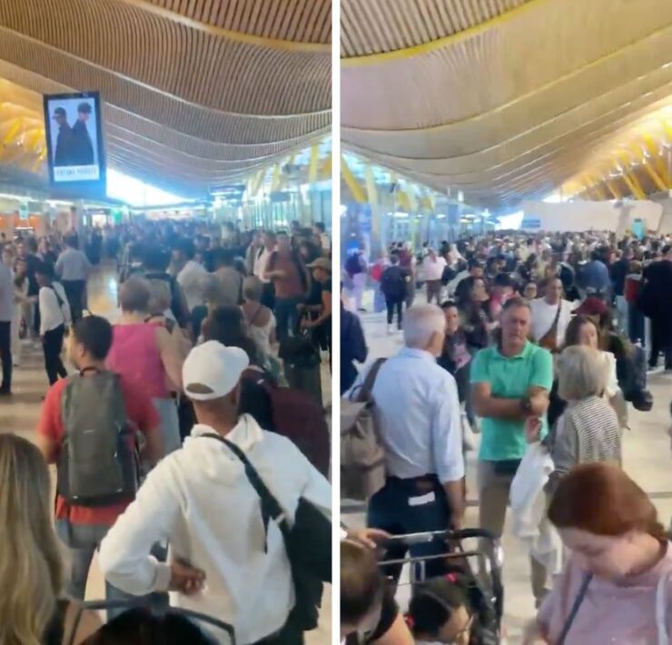 side by side photos of passengers stuck in long queues at madrid barajas airport after security officers went on strike on September 14, 2025