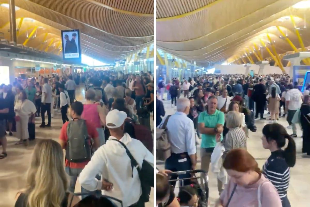 side by side photos of passengers stuck in long queues at madrid barajas airport after security officers went on strike on September 14, 2025