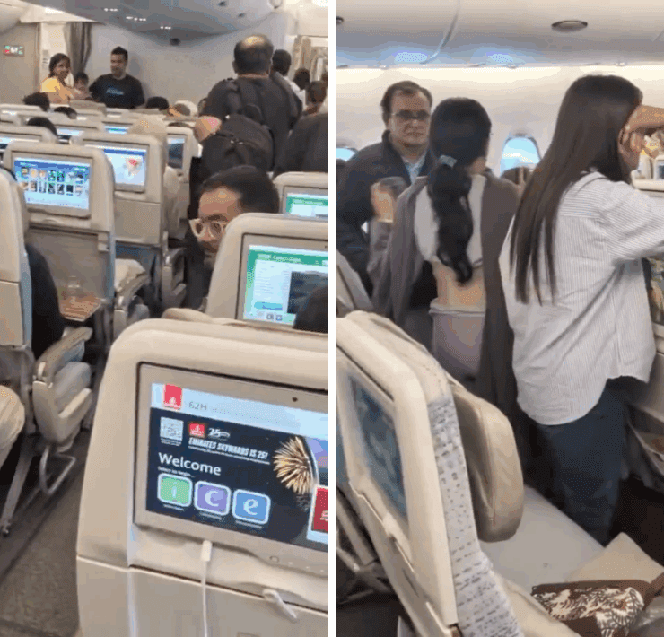 A collage of customers on an emirates flight from san francisco was delayed after passengers decided not to travel because of changes to H-B1 visas