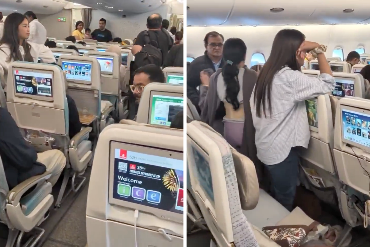A collage of customers on an emirates flight from san francisco was delayed after passengers decided not to travel because of changes to H-B1 visas