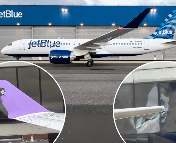 a collage of a jetblue a220 next to two photos of damage caused by a wingtip colliding with an airpot building