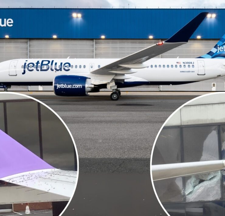 a collage of a jetblue a220 next to two photos of damage caused by a wingtip colliding with an airpot building